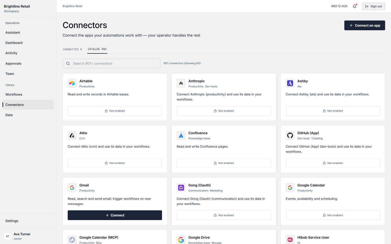 Tally connector catalogue: cards for Outlook, HubSpot, NetSuite, Notion, Microsoft Teams, QuickBooks and more.