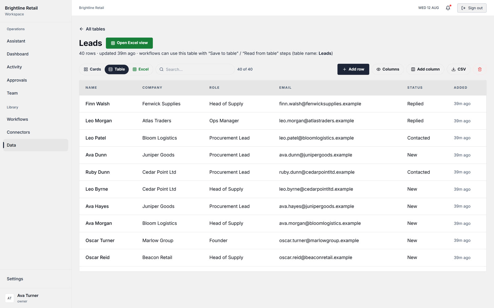 Tally data table: forty enriched leads with company, role, email and status columns.